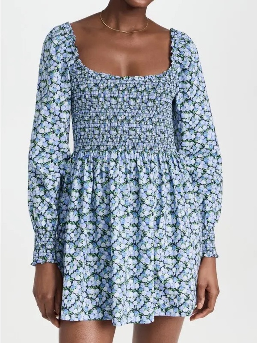 Hill House Home The Norah Nap Dress Blue Multi Pansy Print Size Medium Smocked